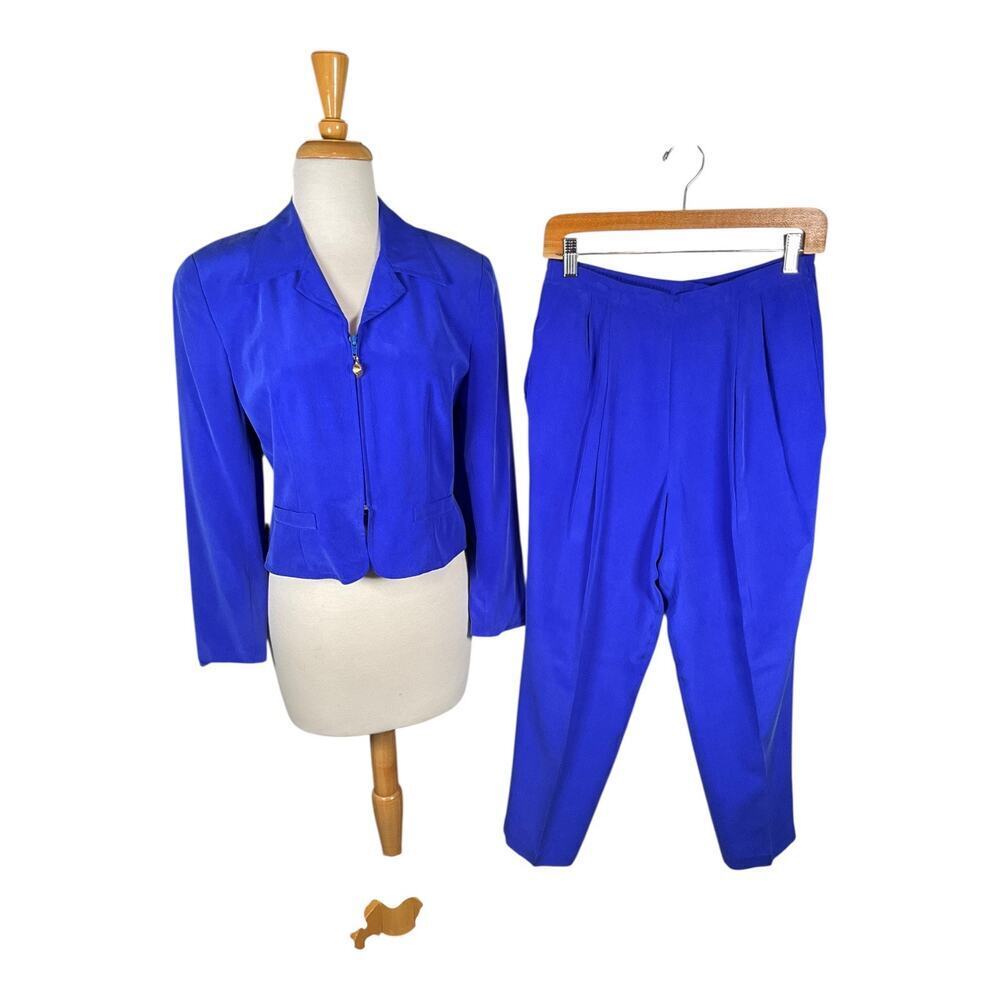 Vintage Shomi Petites 100% Silk Two-Piece Suit Royal Blue Blouse Pants Set SZ 8